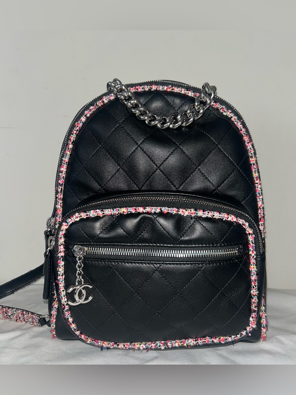 CHANEL Elegant Trim Quilted Leather Tweed Small Backpack Black